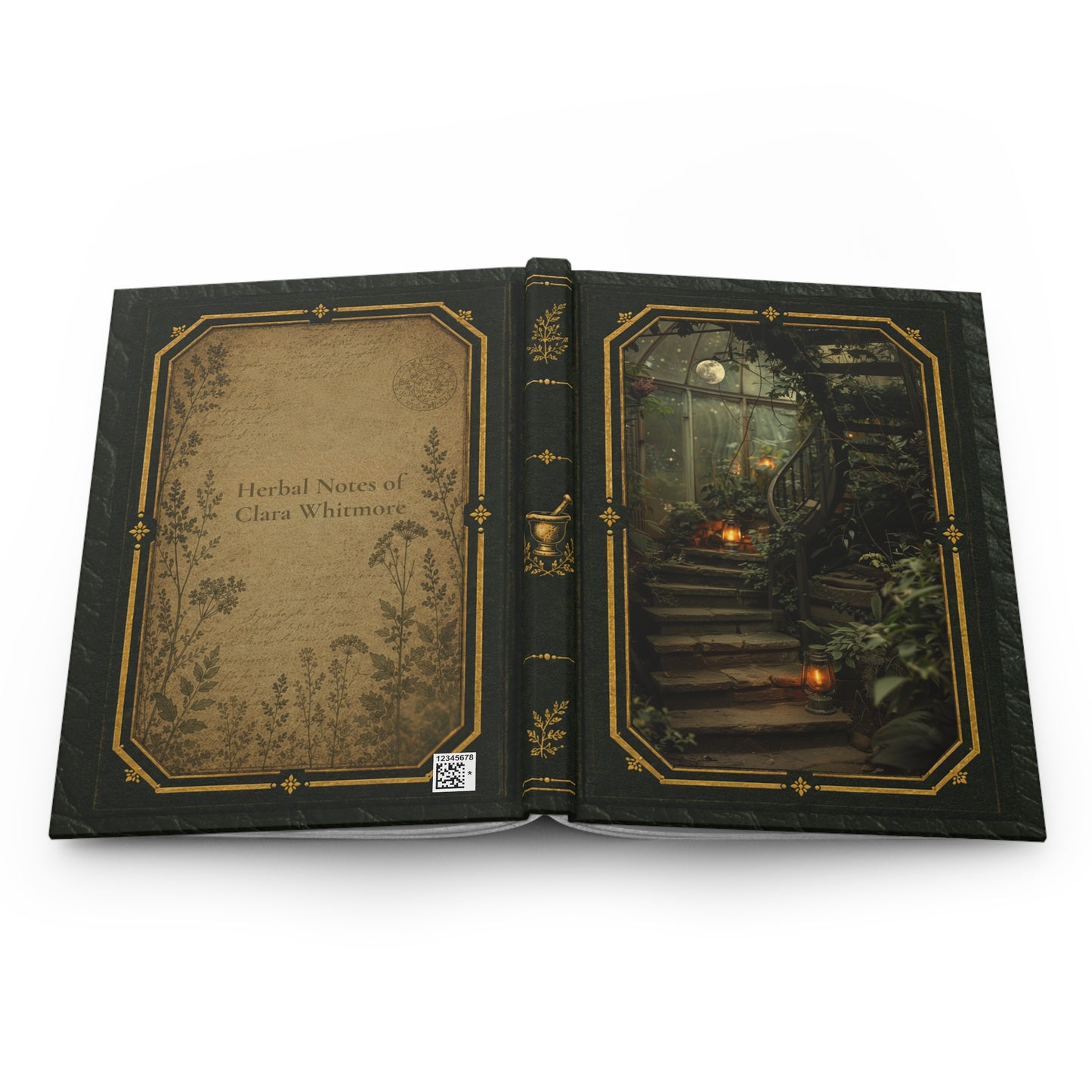 Apothecary Moonlit Stairway Journal – Personalized Vintage-Inspired Botanical Hardcover Notebook