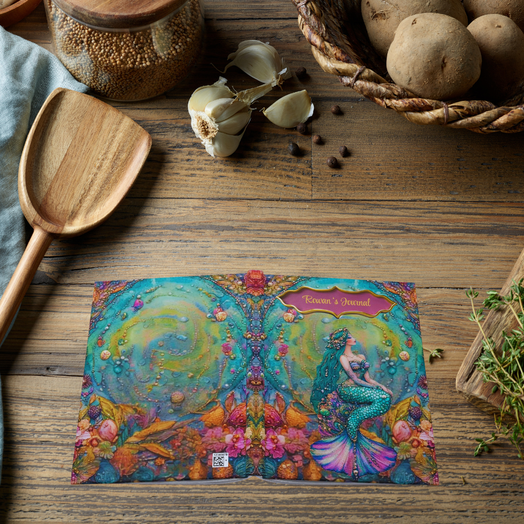 Beaded Mermaid Journal – Boho Ocean Fantasy Notebook, Coastal Writing Gift, Embossed-Look Sea Goddess Diary with Teal & Gold Accents