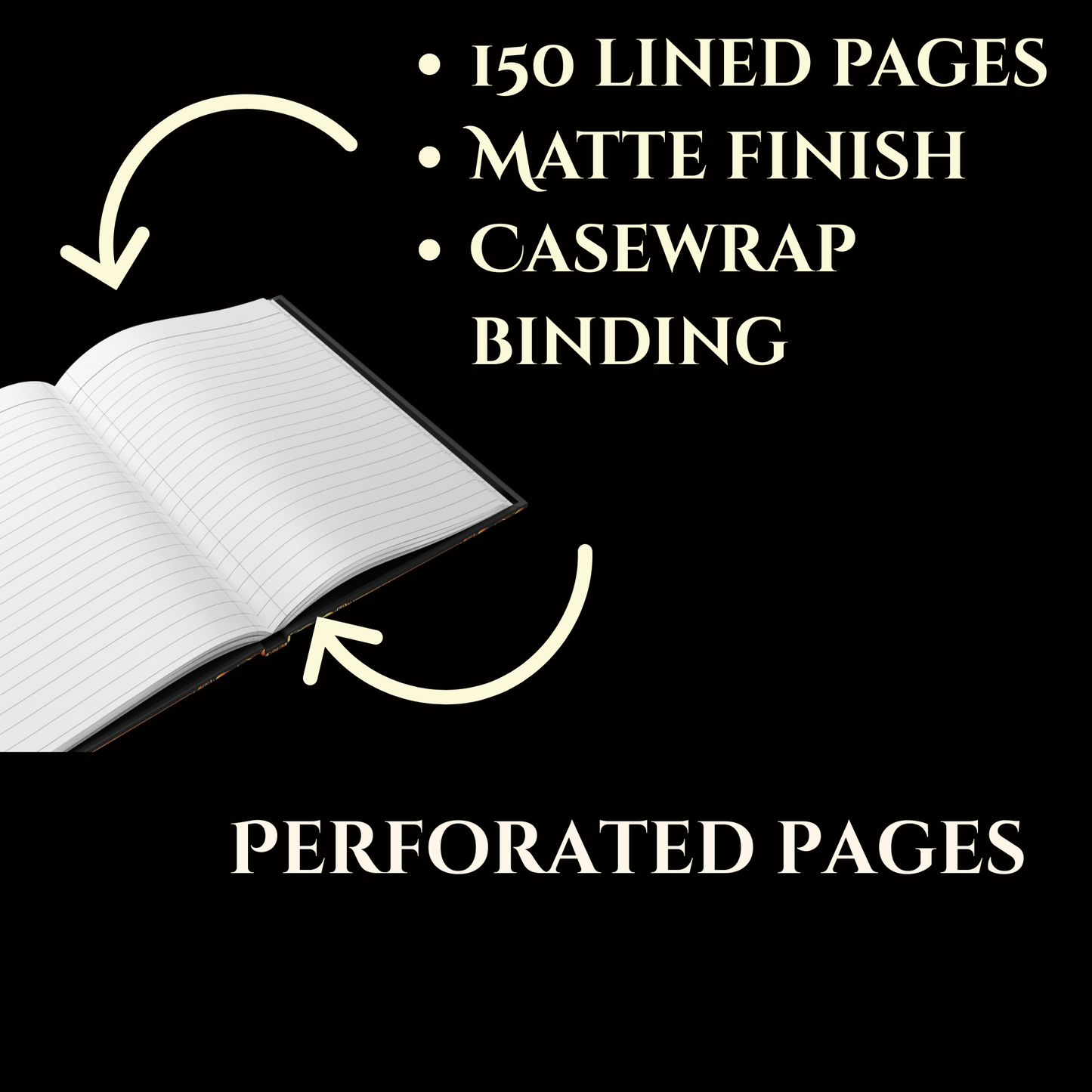 Open notebook with text highlighting features on a black background