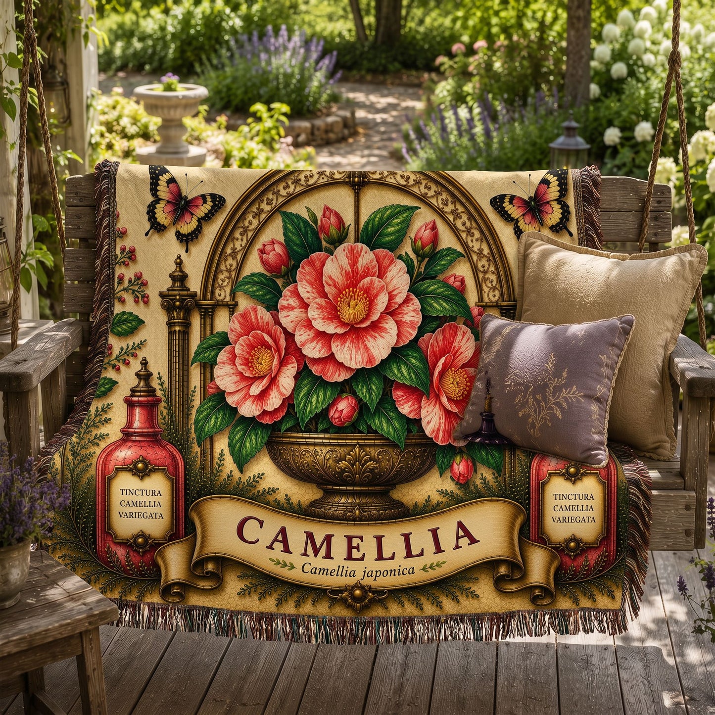 Camellia Woven Throw Blanket | Botanical Garden Decor | Cotton Tapestry Throw | English Cottage Floral Gift