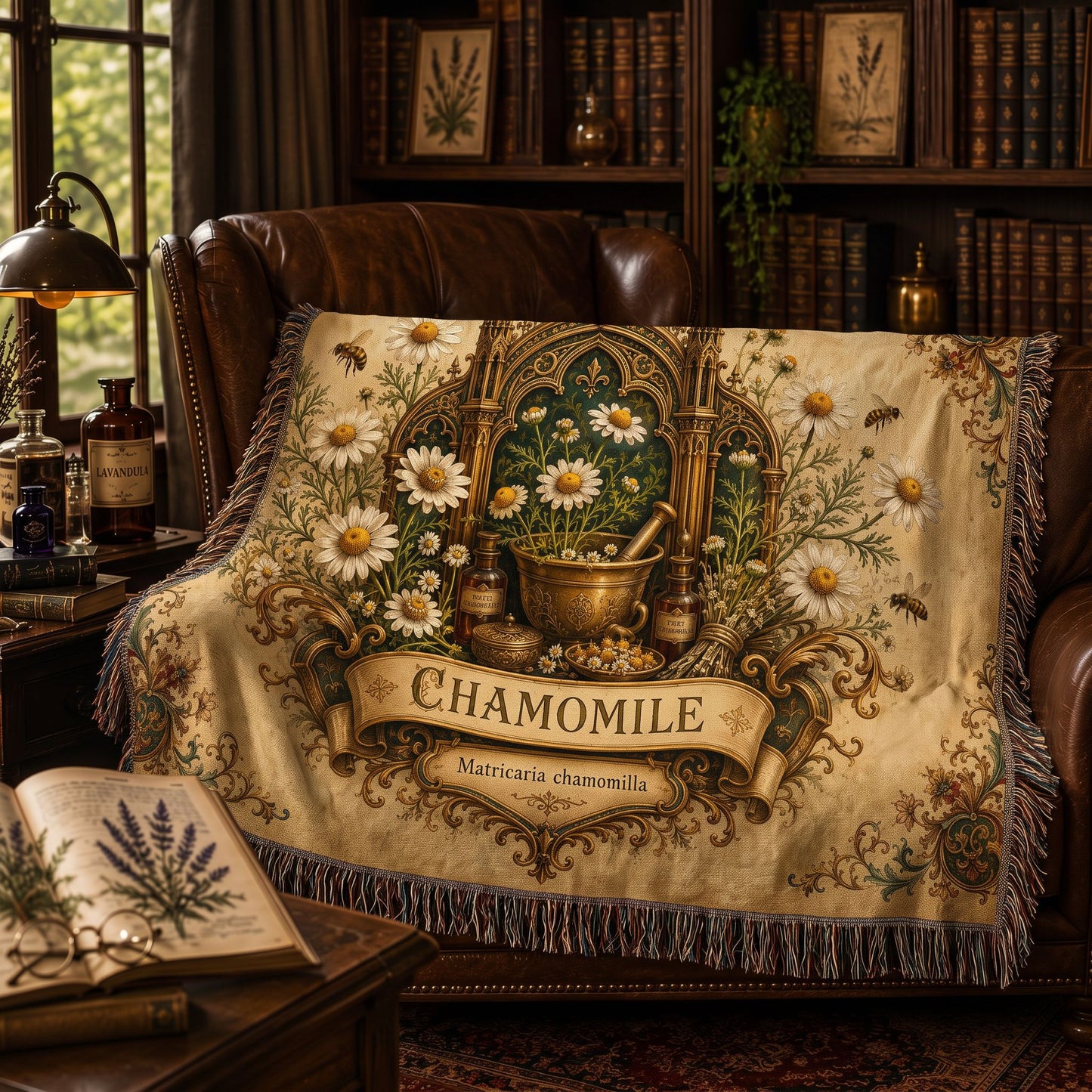 Chamomile Heirloom Woven Throw Blanket | Apothecary Collection | Botanical Cotton Tapestry | Cottage Decor | Vintage Herbal Gift