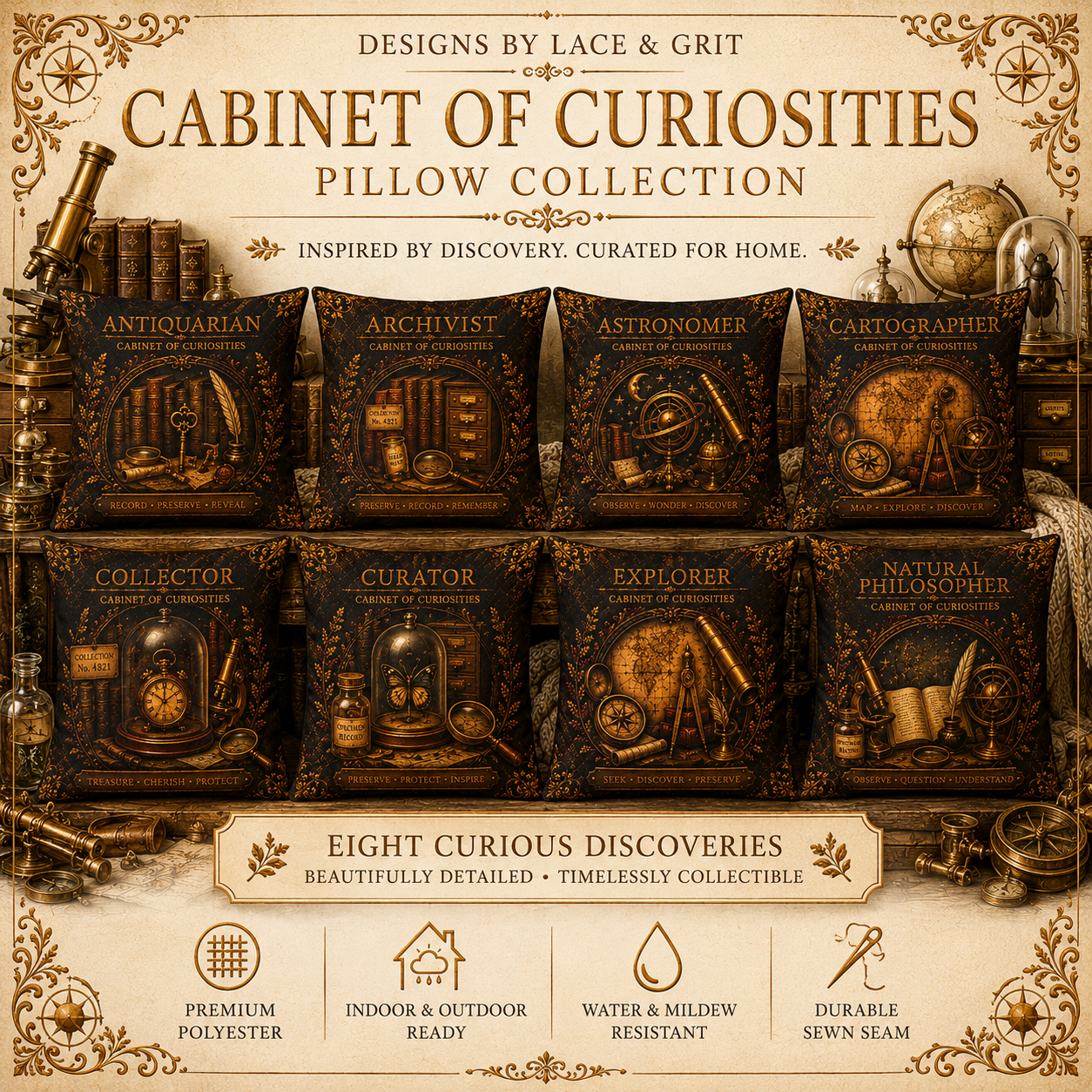 Explorer Cabinet of Curiosities Pillow, Dark Academia Throw Pillow, Library Decor Cushion, Museum Style Home Accent