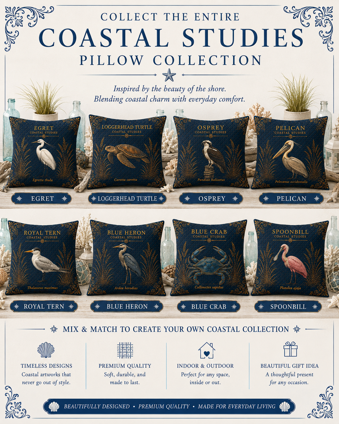 Blue Heron Coastal Pillow, Nautical Throw Pillow, Navy Coastal Cushion, Beach House & Lake House Decor, Coastal Grandma Style