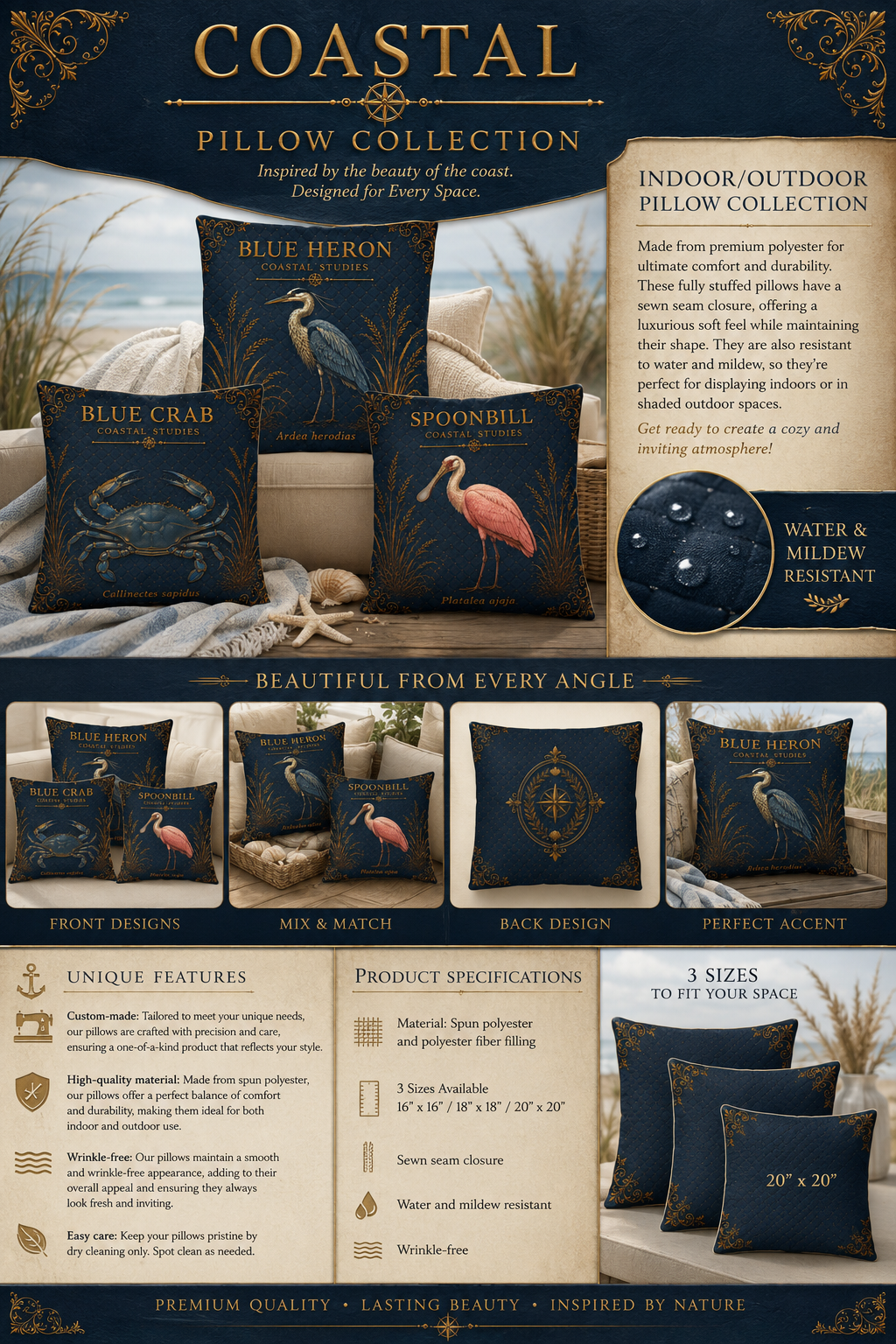 Blue Heron Coastal Pillow, Nautical Throw Pillow, Navy Coastal Cushion, Beach House & Lake House Decor, Coastal Grandma Style