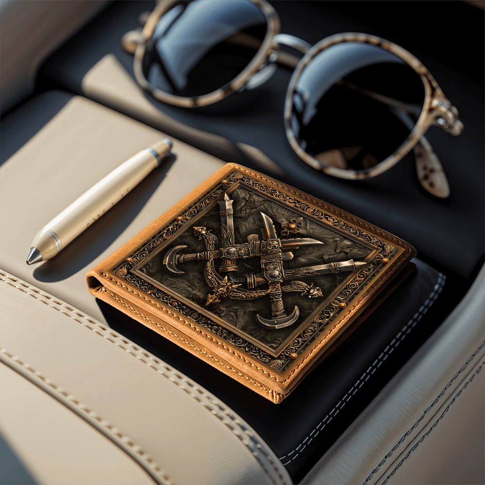 Armory Crossed Daggers Embossed Look Genuine Leather Wallet – Medieval Fantasy Gift for Men