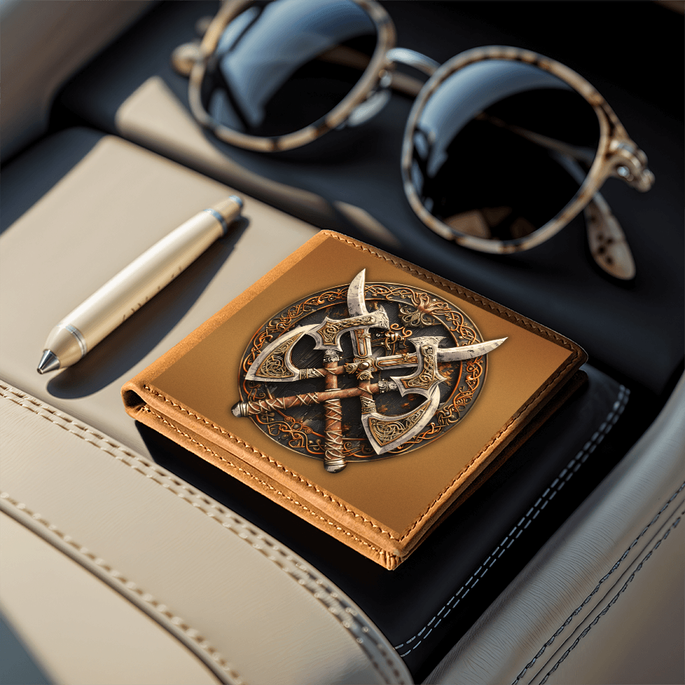 Armory Crossed Axes Embossed Look Genuine Leather Wallet – Medieval Fantasy Gift for Men