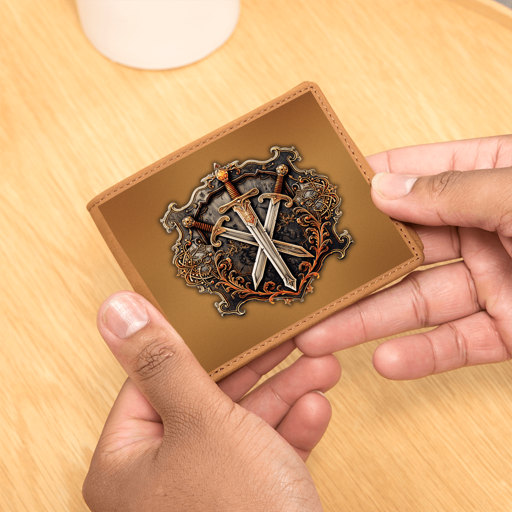 Armory Crossed Swords Embossed Look Genuine Leather Wallet – Medieval Fantasy Gift for Men