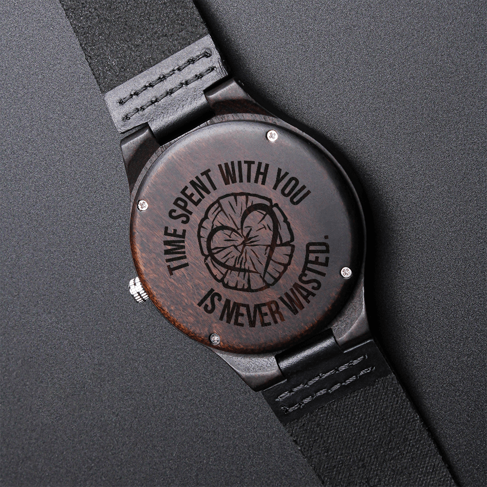 Time Spent With You Is Never Wasted – Tree Ring Heart Engraved Wooden Watch | Nature-Inspired Gift for Him