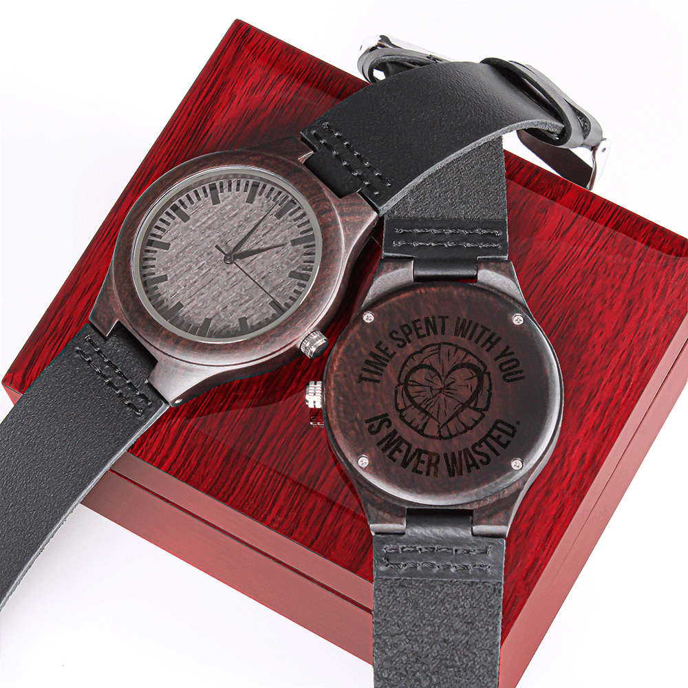 Time Spent With You Is Never Wasted – Tree Ring Heart Engraved Wooden Watch | Nature-Inspired Gift for Him