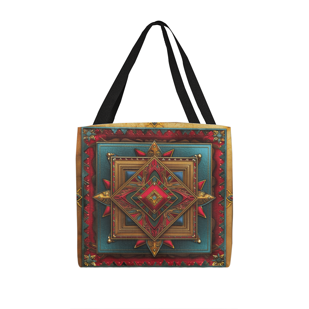 Boho Geometric Mandala Tote Bag β Jewel-Toned Starburst in Red, Teal & Gold