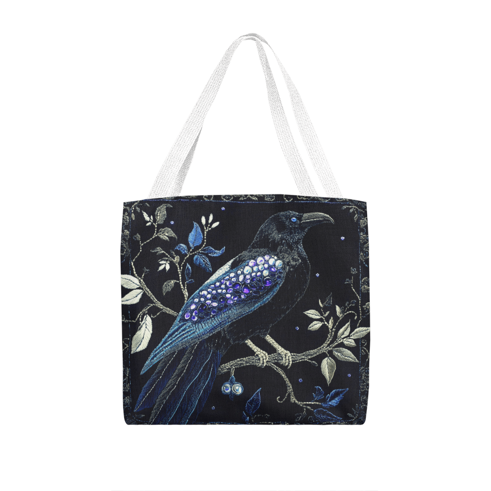 Layered-Looking Mystic Raven Tote Bag – Boho Celestial Nightbird Design