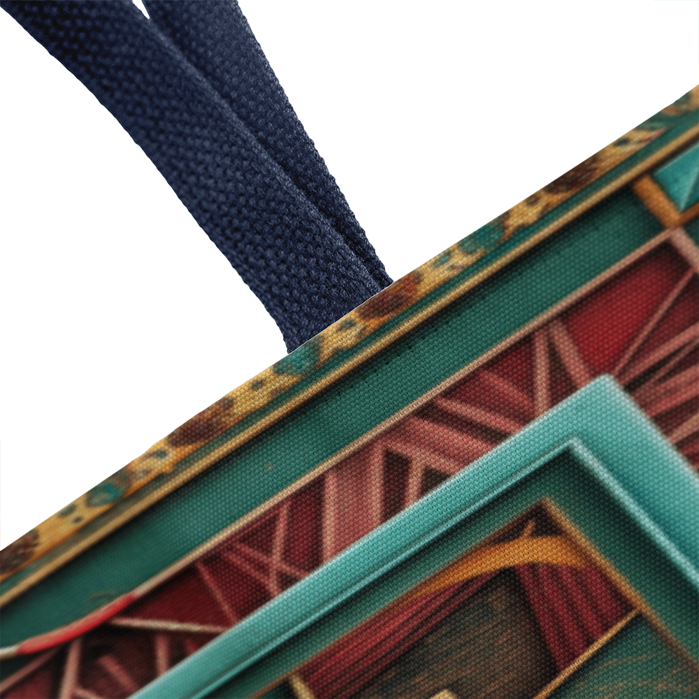 Vintage Boho Geometric Tote Bag – Teal, Rust & Gold Layered-looking Mandala Design