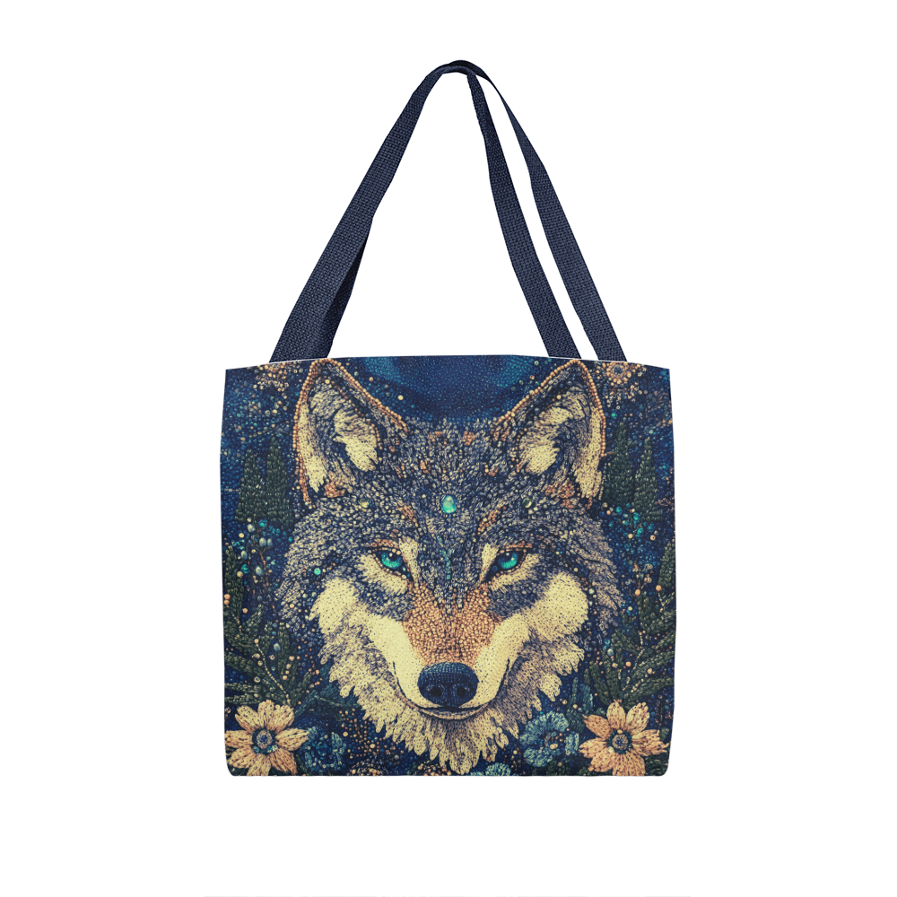 Layered-Looking Mystical Wolf Tote Bag – Spirit Animal Moonlit Design