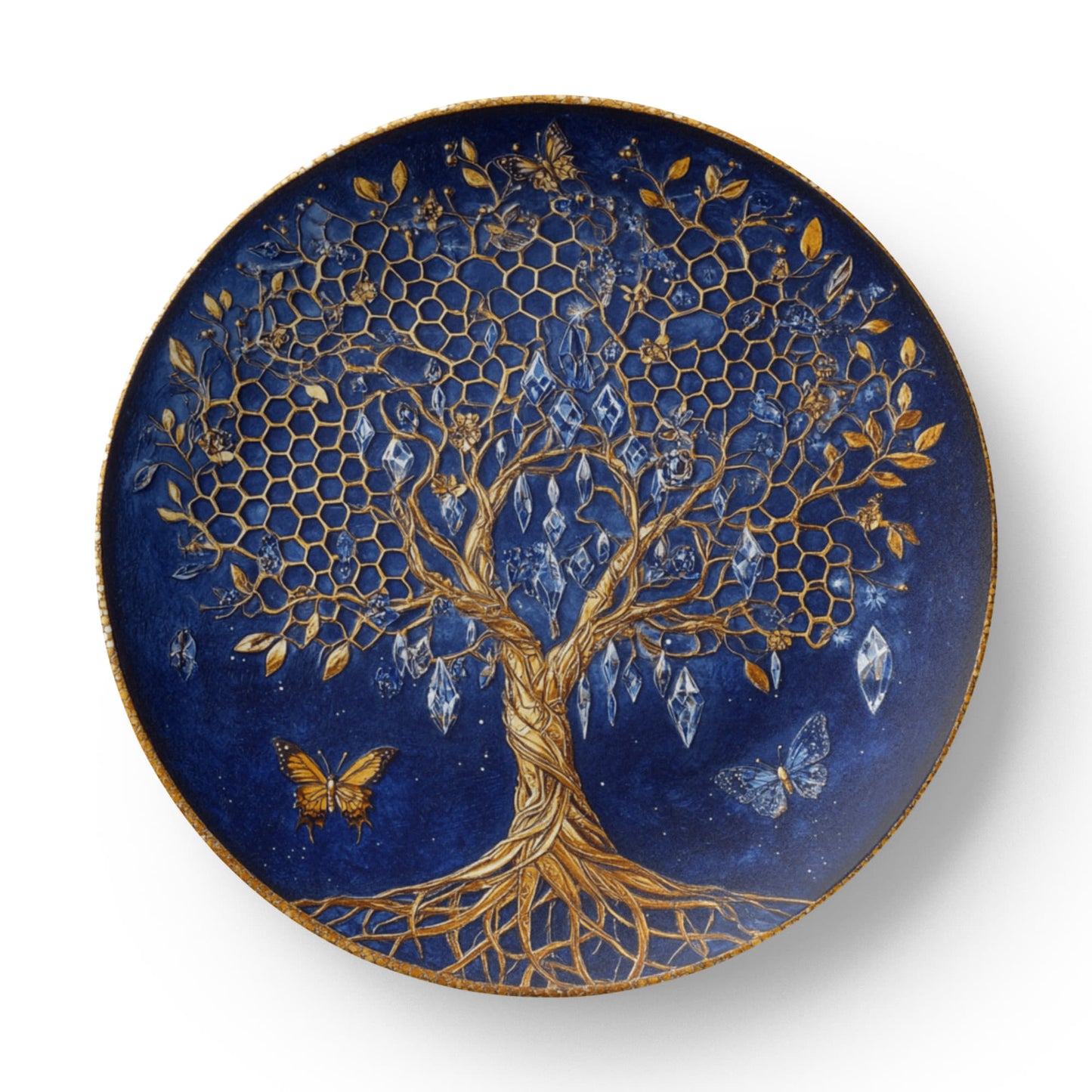 Golden Roots & Indigo Sky β Celestial Tree of Life Decorative Plate
