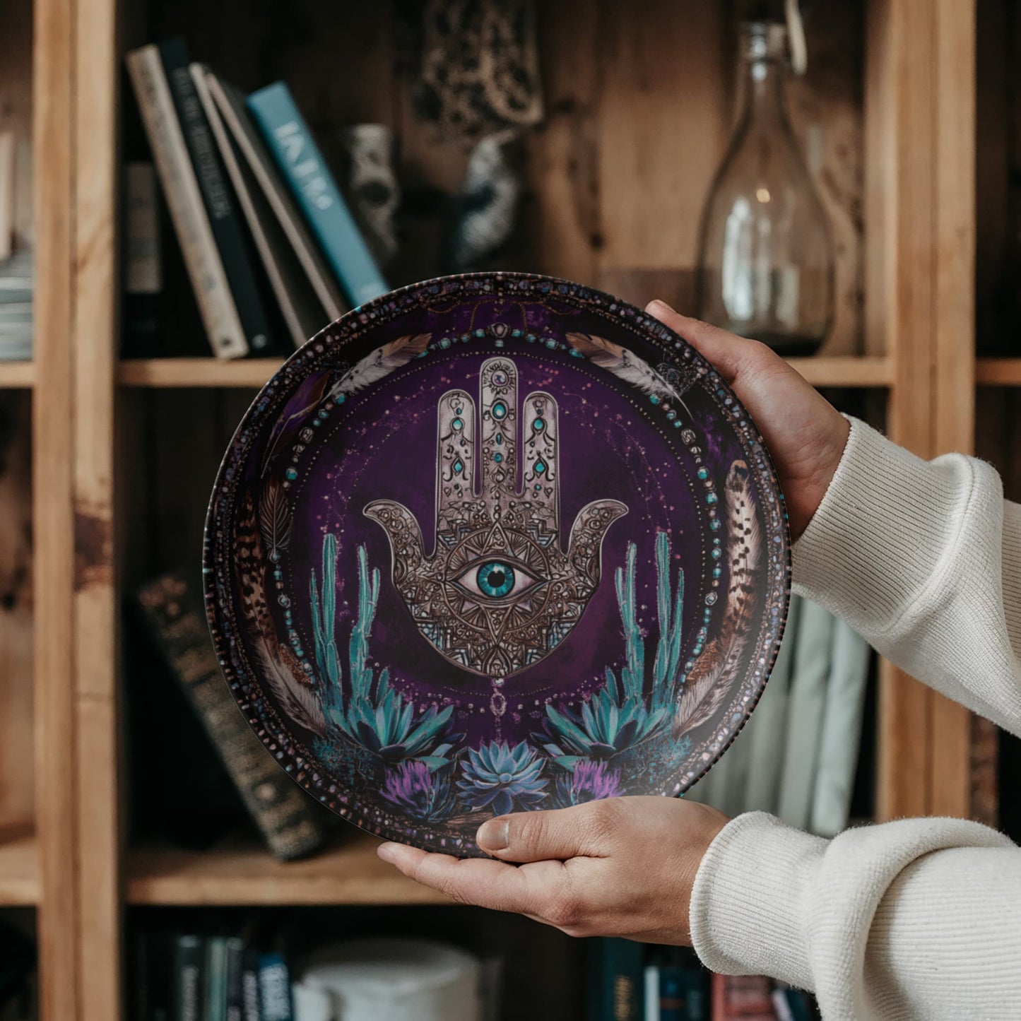 Hamsa Cactus & Feather Plate β Mystical Protection Wall Art (10")
