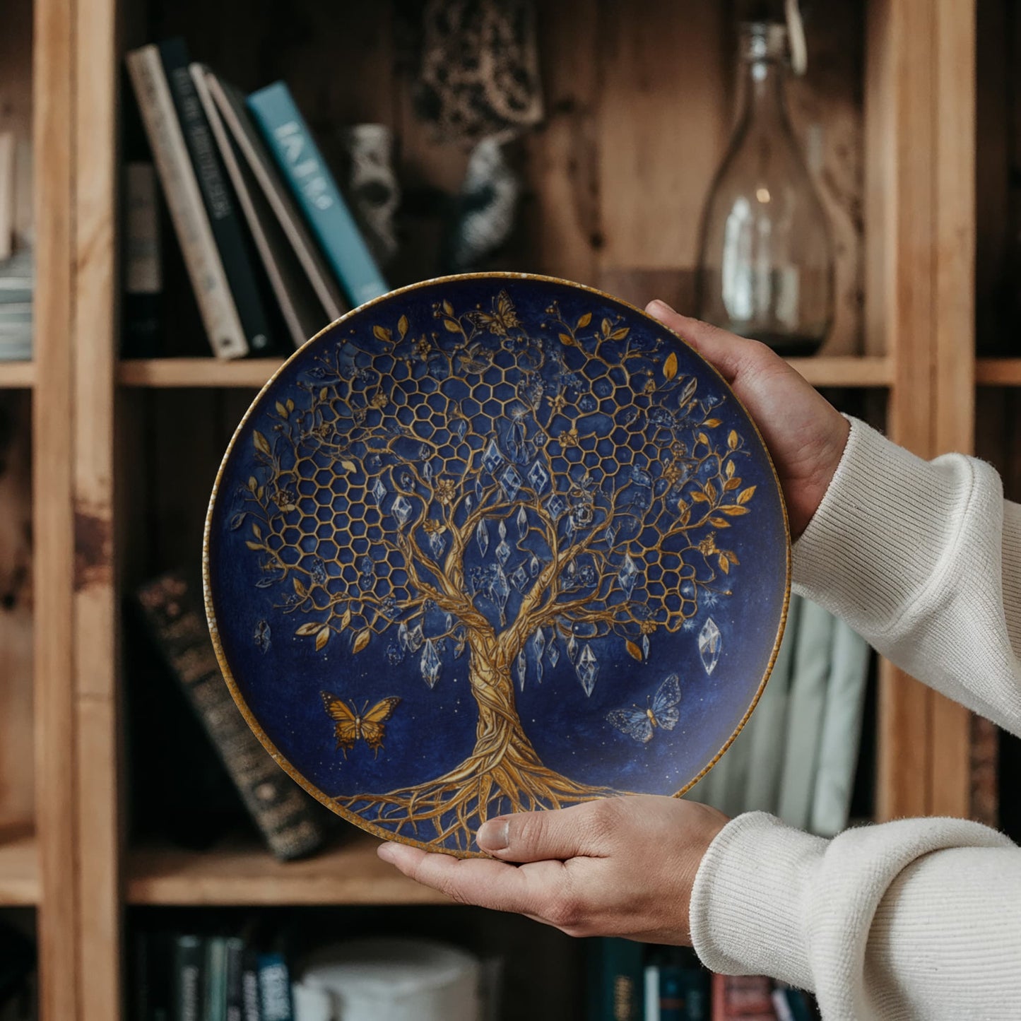 Golden Roots & Indigo Sky β Celestial Tree of Life Decorative Plate