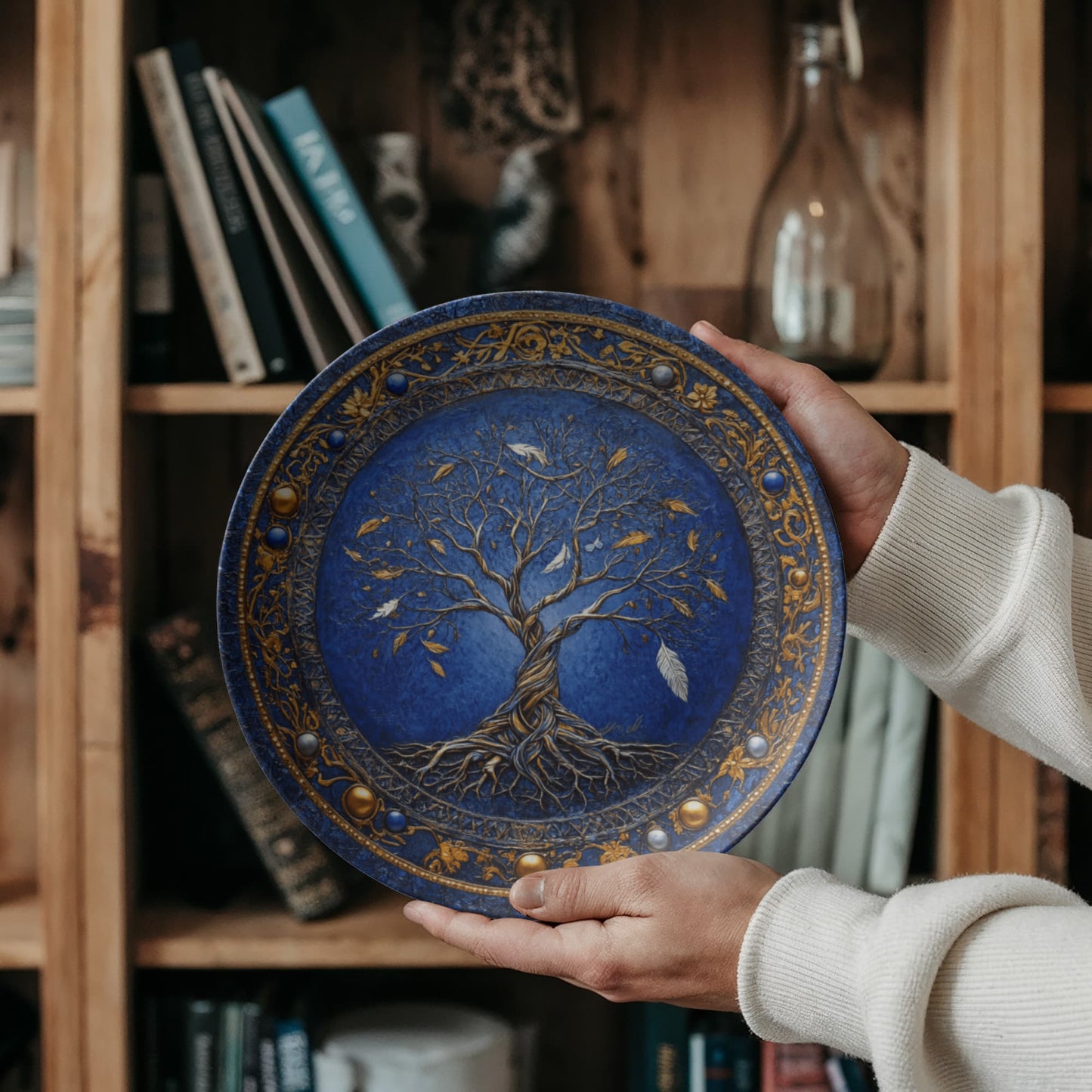 Feathered Realms β Tree of Life with Gold Rim & Falling Leaves Decorative Plate