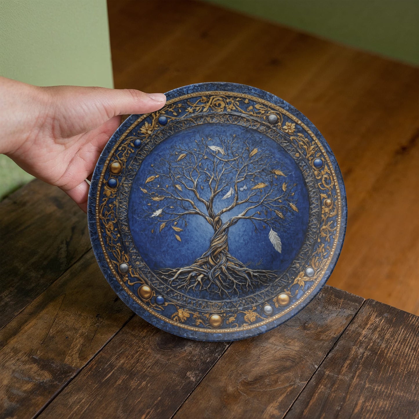 Feathered Realms β Tree of Life with Gold Rim & Falling Leaves Decorative Plate