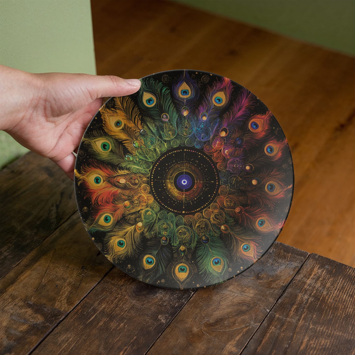 Radiant Vision β Peacock Feather Mandala Rainbow Decorative Plate
