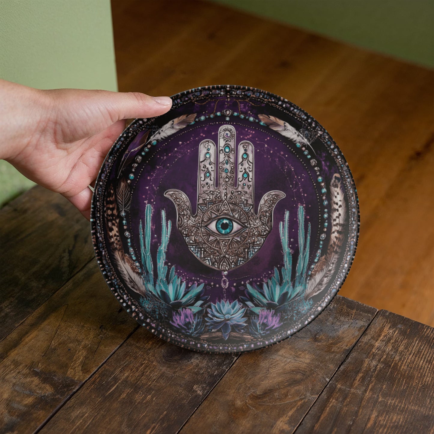 Hamsa Cactus & Feather Plate β Mystical Protection Wall Art (10")