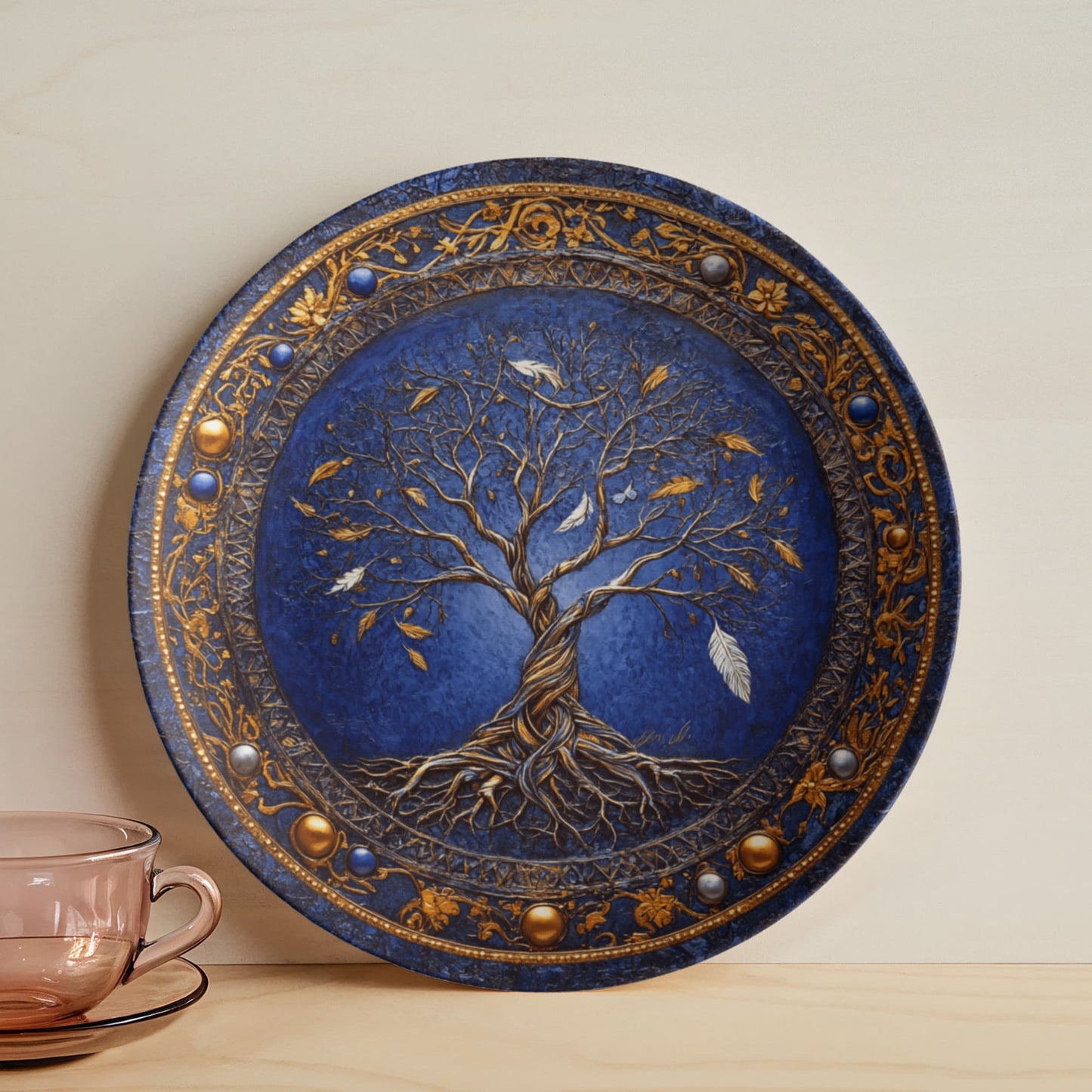 Feathered Realms β Tree of Life with Gold Rim & Falling Leaves Decorative Plate