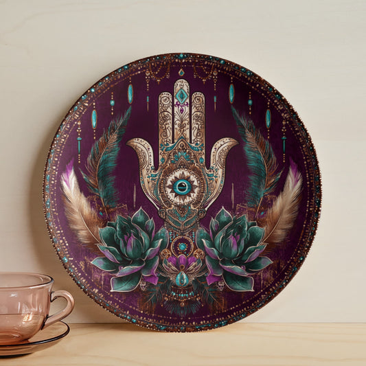 Hamsa Lotus & Feather Plate – Mystical Boho Wall Art (10")