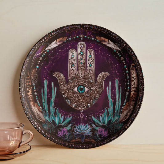 Hamsa Cactus & Feather Plate – Mystical Protection Wall Art (10")