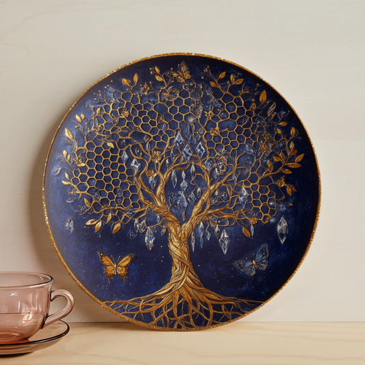 Golden Roots & Indigo Sky – Celestial Tree of Life Decorative Plate
