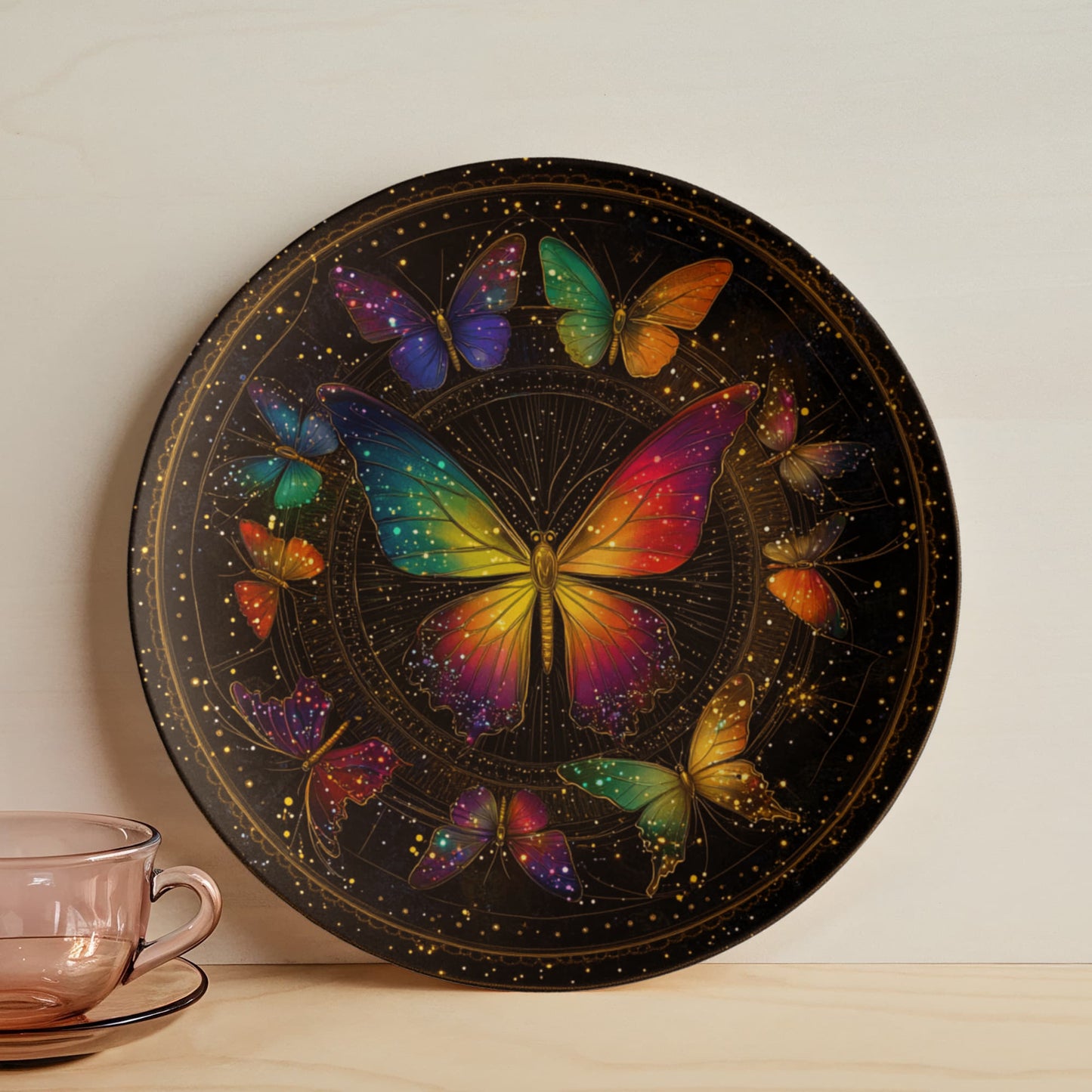 Galactic Flight β Rainbow Butterfly Mandala Decorative Plate