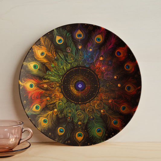 Radiant Vision – Peacock Feather Mandala Rainbow Decorative Plate