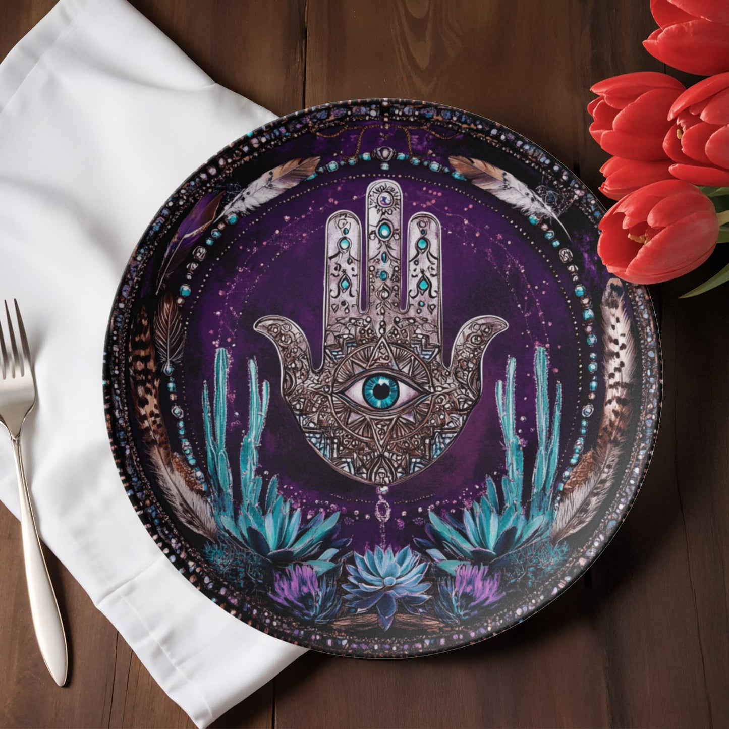 Hamsa Cactus & Feather Plate β Mystical Protection Wall Art (10")