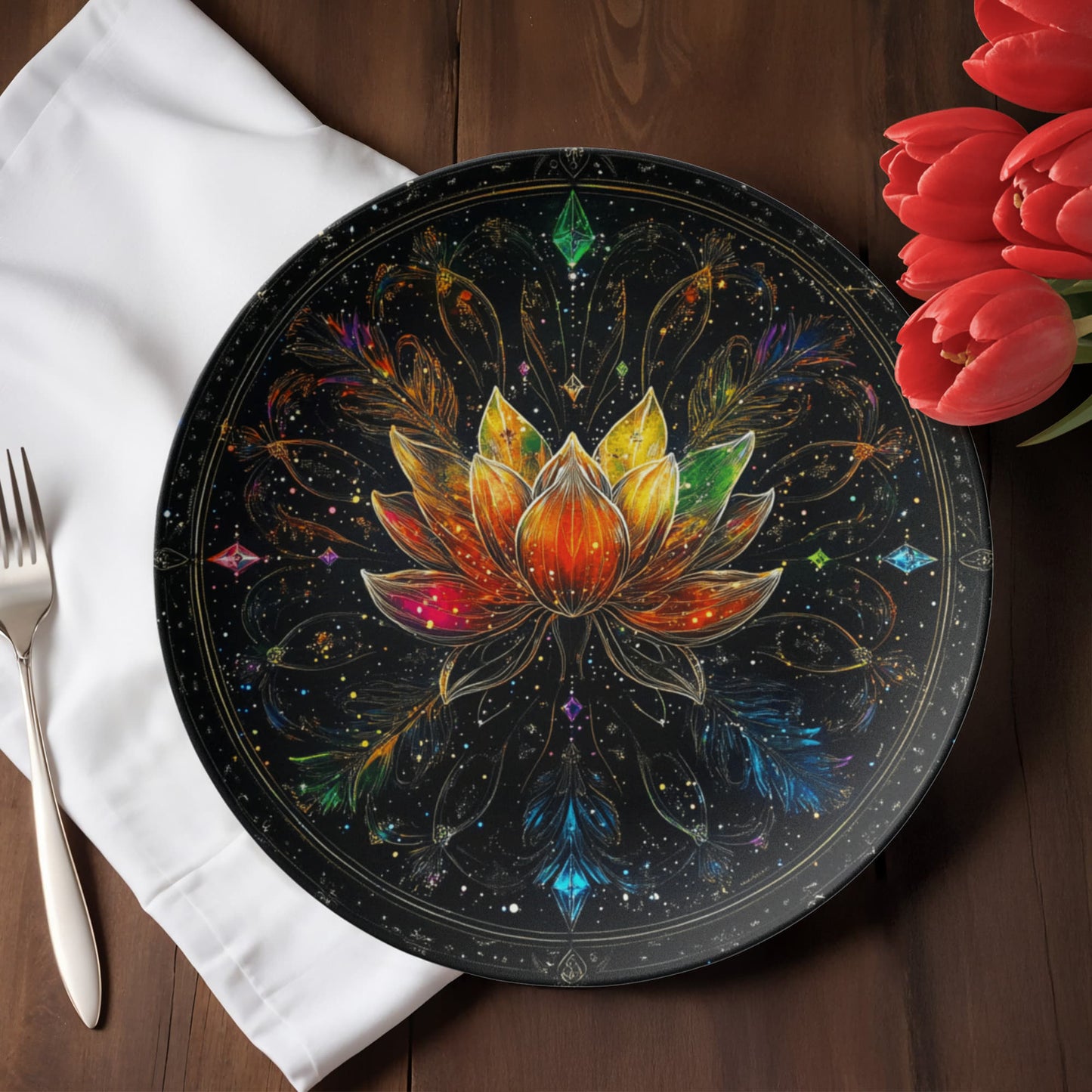 Celestial Bloom β Rainbow Lotus Mandala Decorative Plate