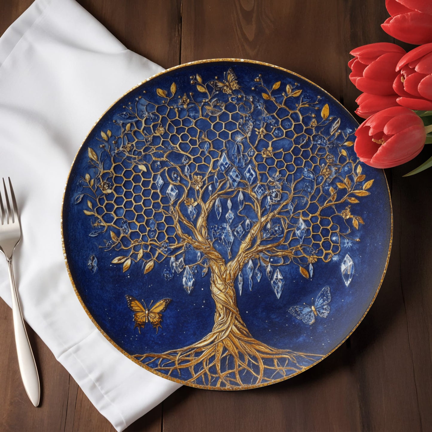 Golden Roots & Indigo Sky β Celestial Tree of Life Decorative Plate