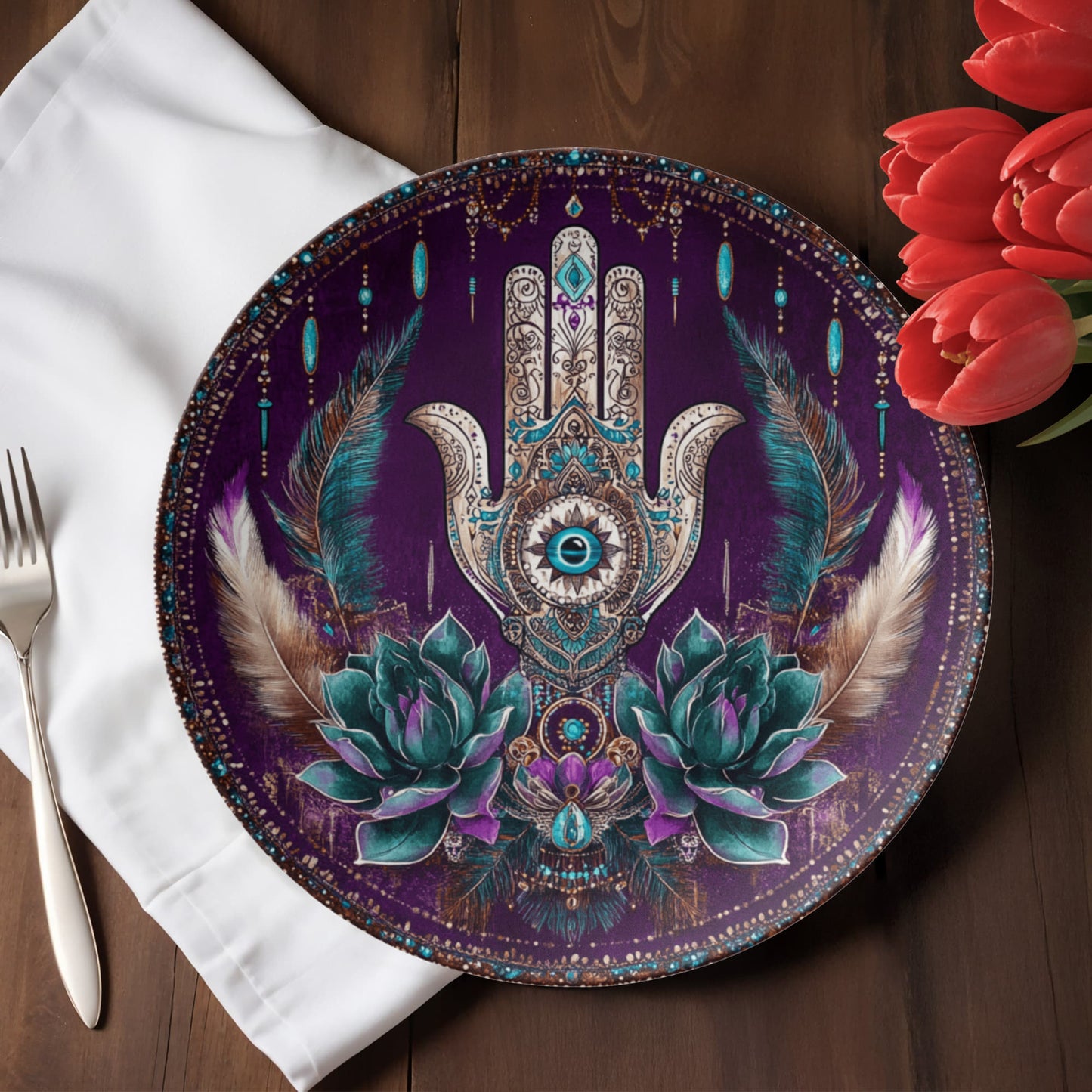 Hamsa Lotus & Feather Plate – Mystical Boho Wall Art (10")