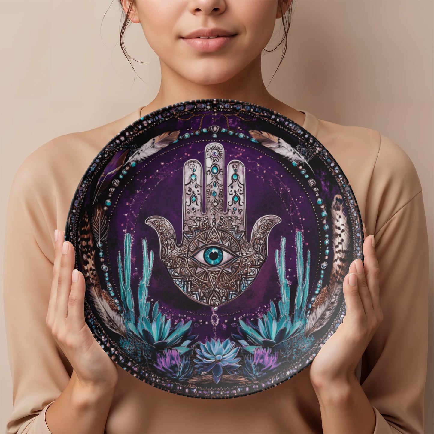 Hamsa Cactus & Feather Plate β Mystical Protection Wall Art (10")