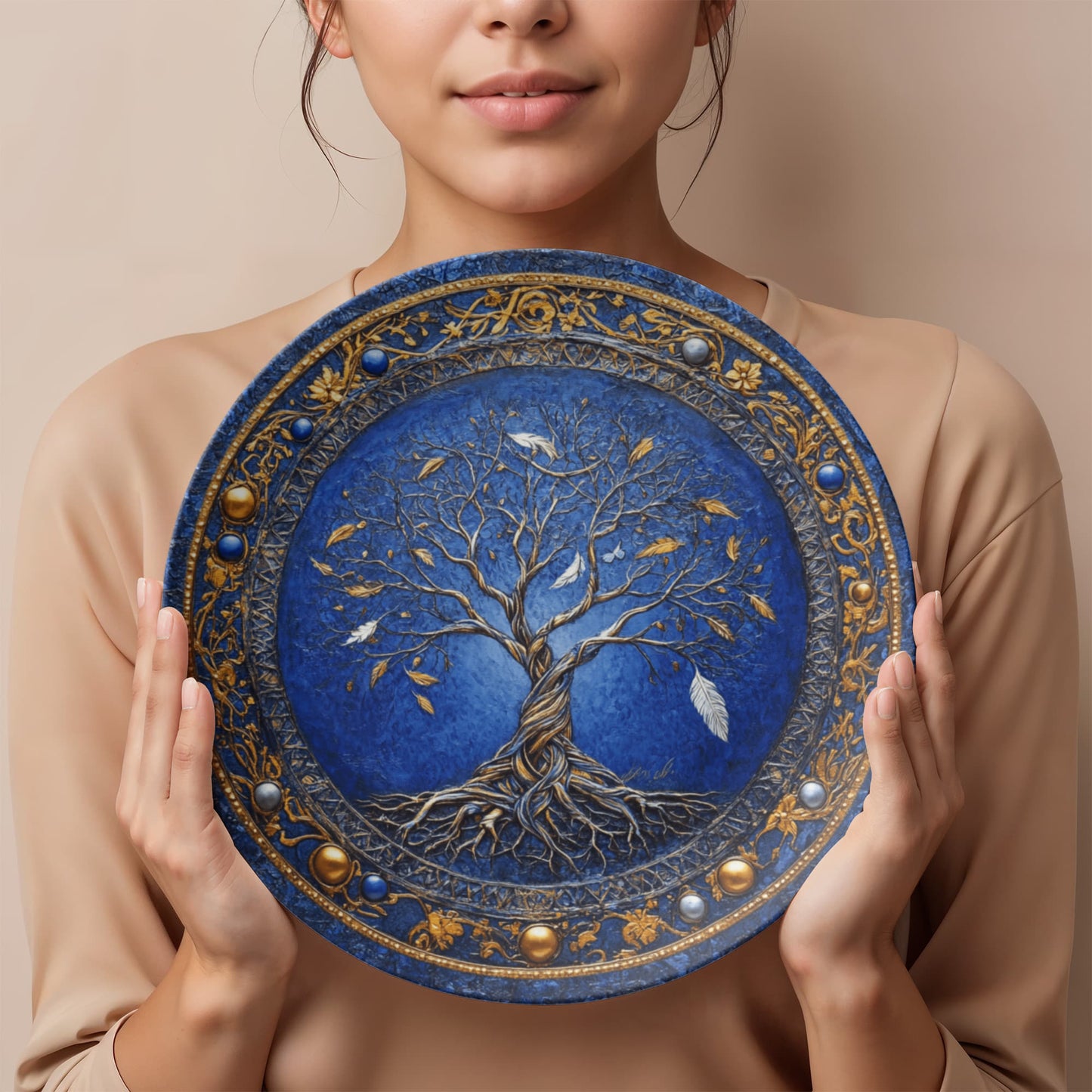 Feathered Realms β Tree of Life with Gold Rim & Falling Leaves Decorative Plate