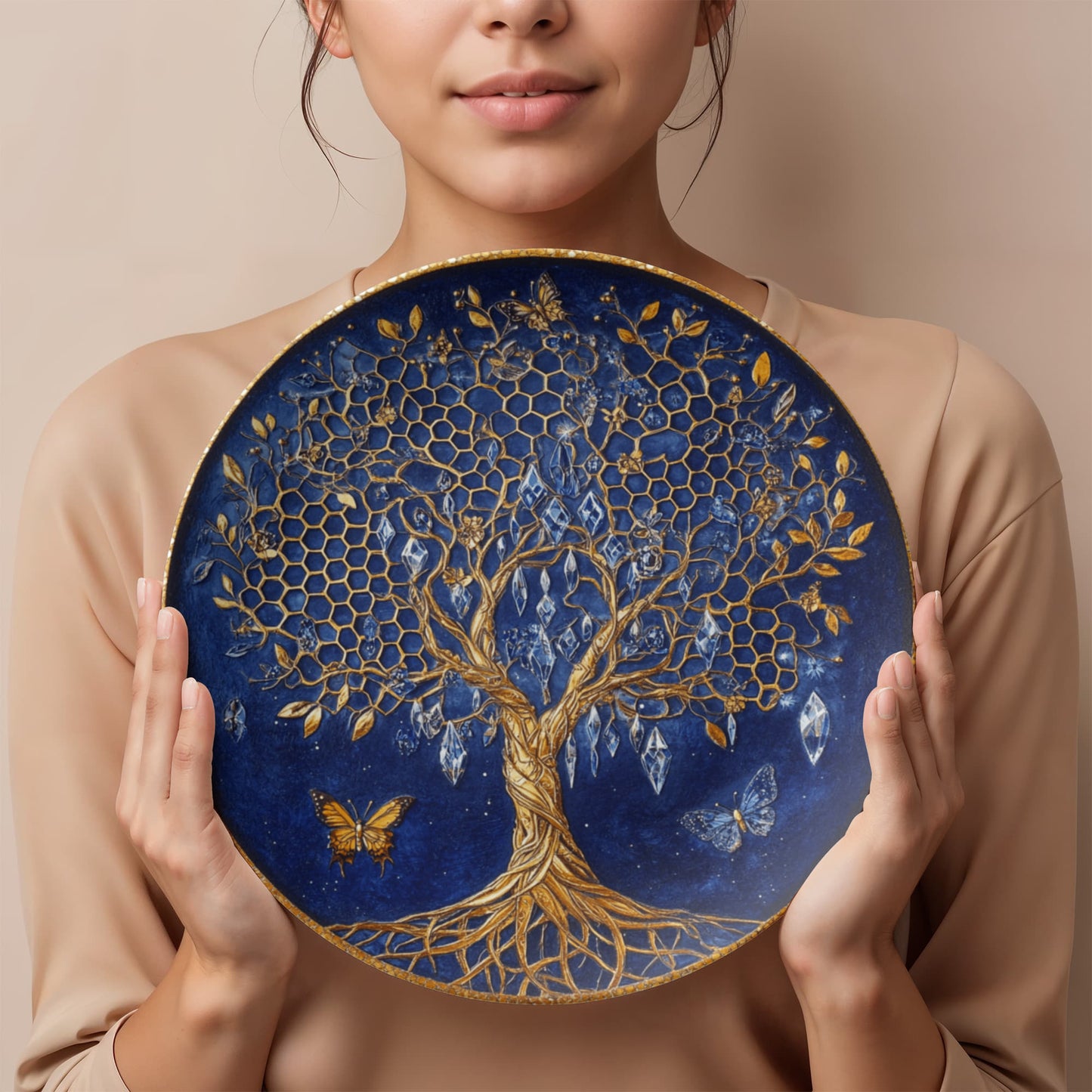 Golden Roots & Indigo Sky β Celestial Tree of Life Decorative Plate