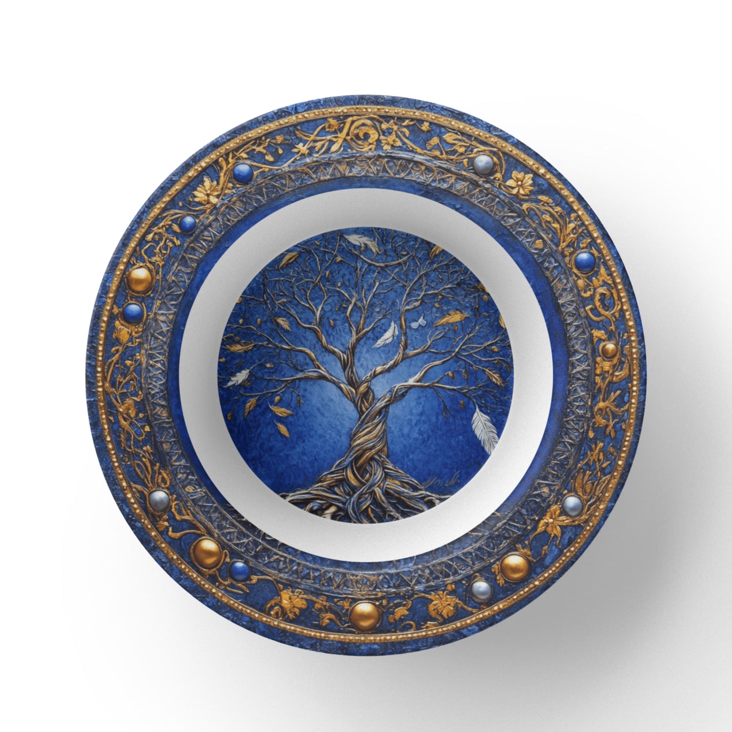 Sacred Circles Decorative Bowl β Tree of Life with Feathers & Gold Filigree