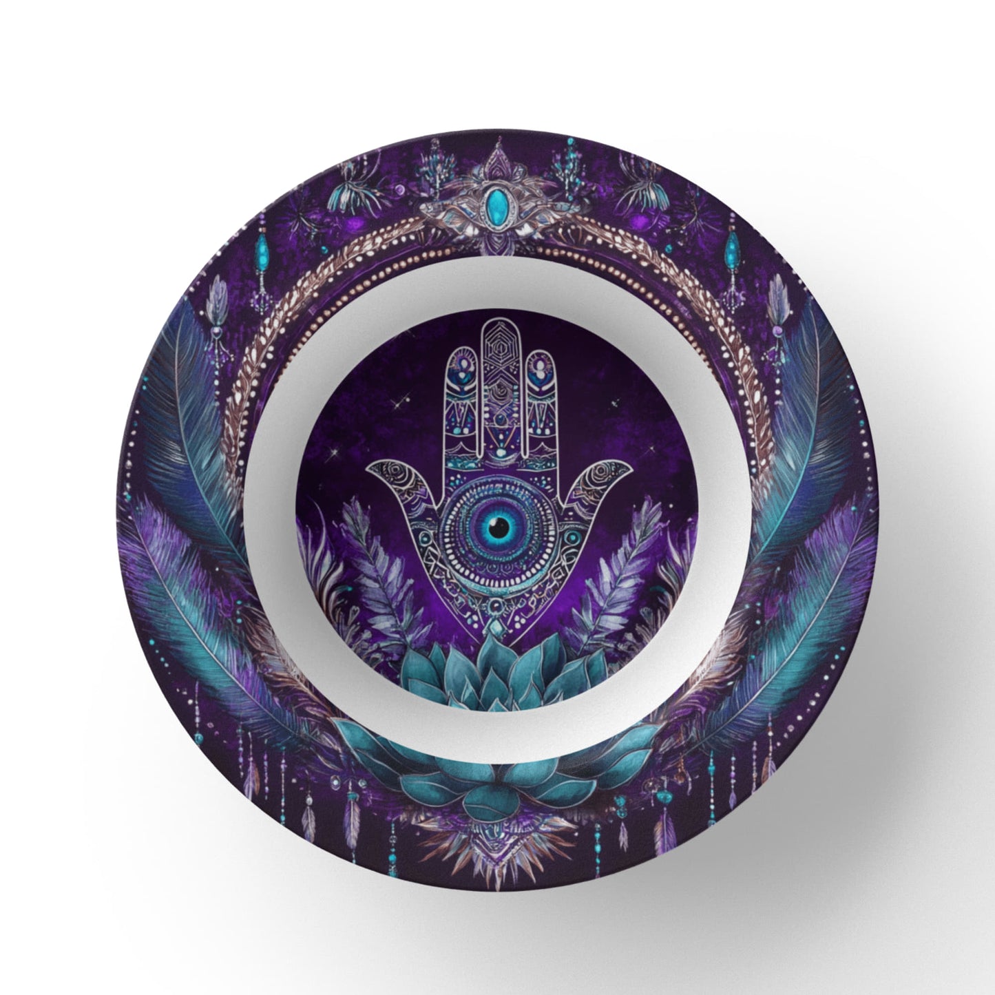 Sacred Circles Decorative Bowl β Hamsa Hand with Feather & Lotus Design