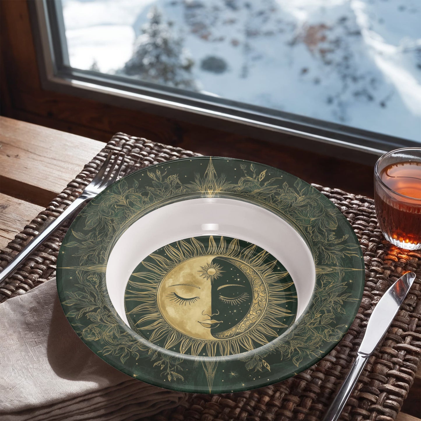 Sacred Circles Decorative Bowl – Sun & Moon Botanical Design