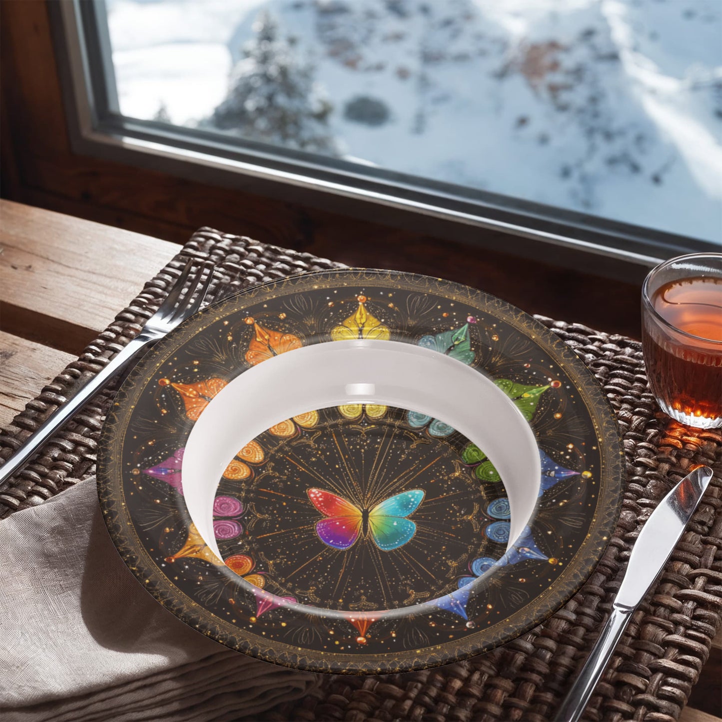 Sacred Circles Decorative Bowl β Celestial Rainbow Butterfly Mandala