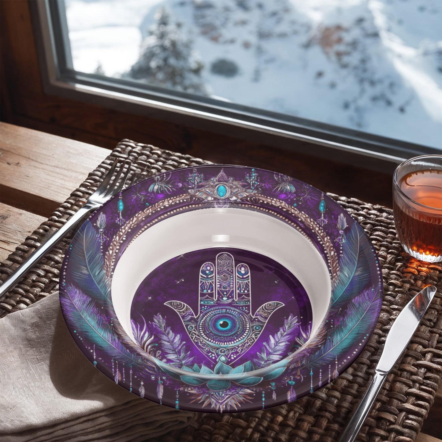 Sacred Circles Decorative Bowl β Hamsa Hand with Feather & Lotus Design