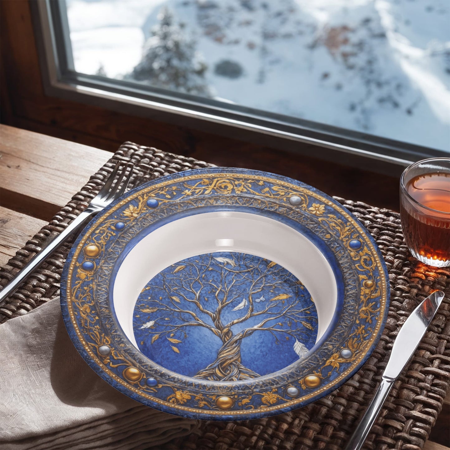 Sacred Circles Decorative Bowl β Tree of Life with Feathers & Gold Filigree