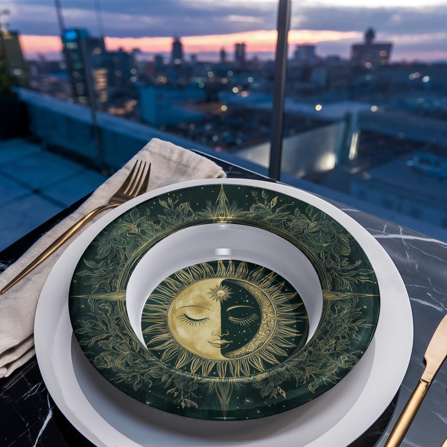Sacred Circles Decorative Bowl – Sun & Moon Botanical Design