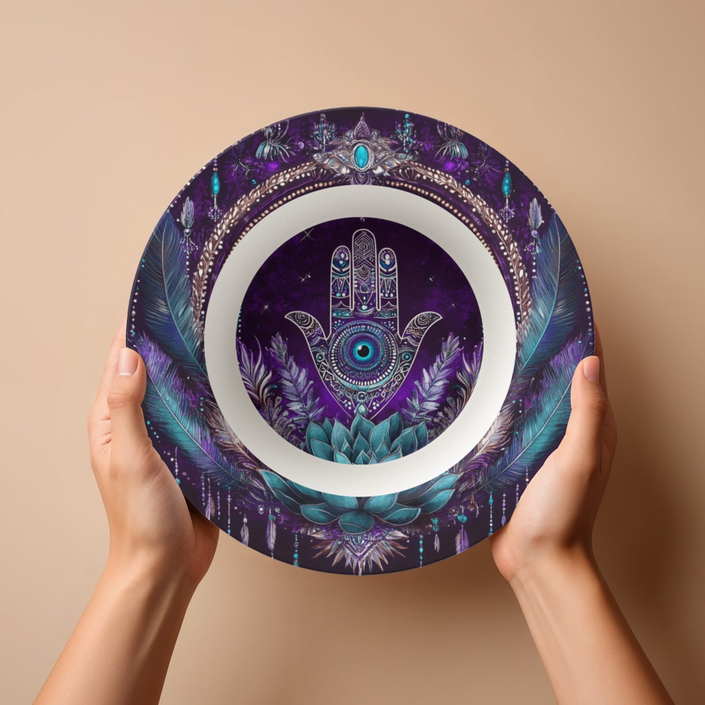 Sacred Circles Decorative Bowl β Hamsa Hand with Feather & Lotus Design