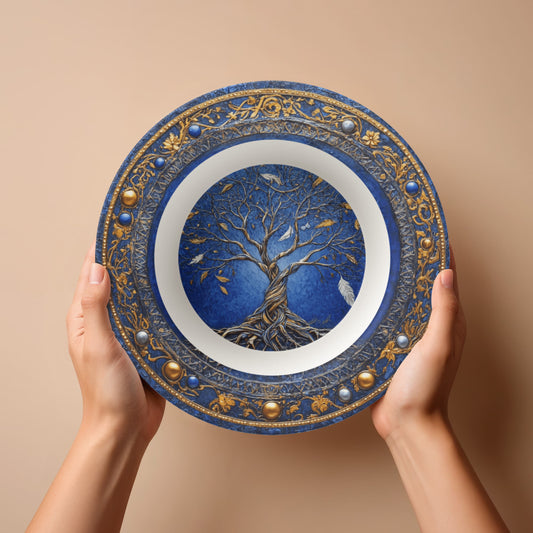 Sacred Circles Decorative Bowl – Tree of Life with Feathers & Gold Filigree