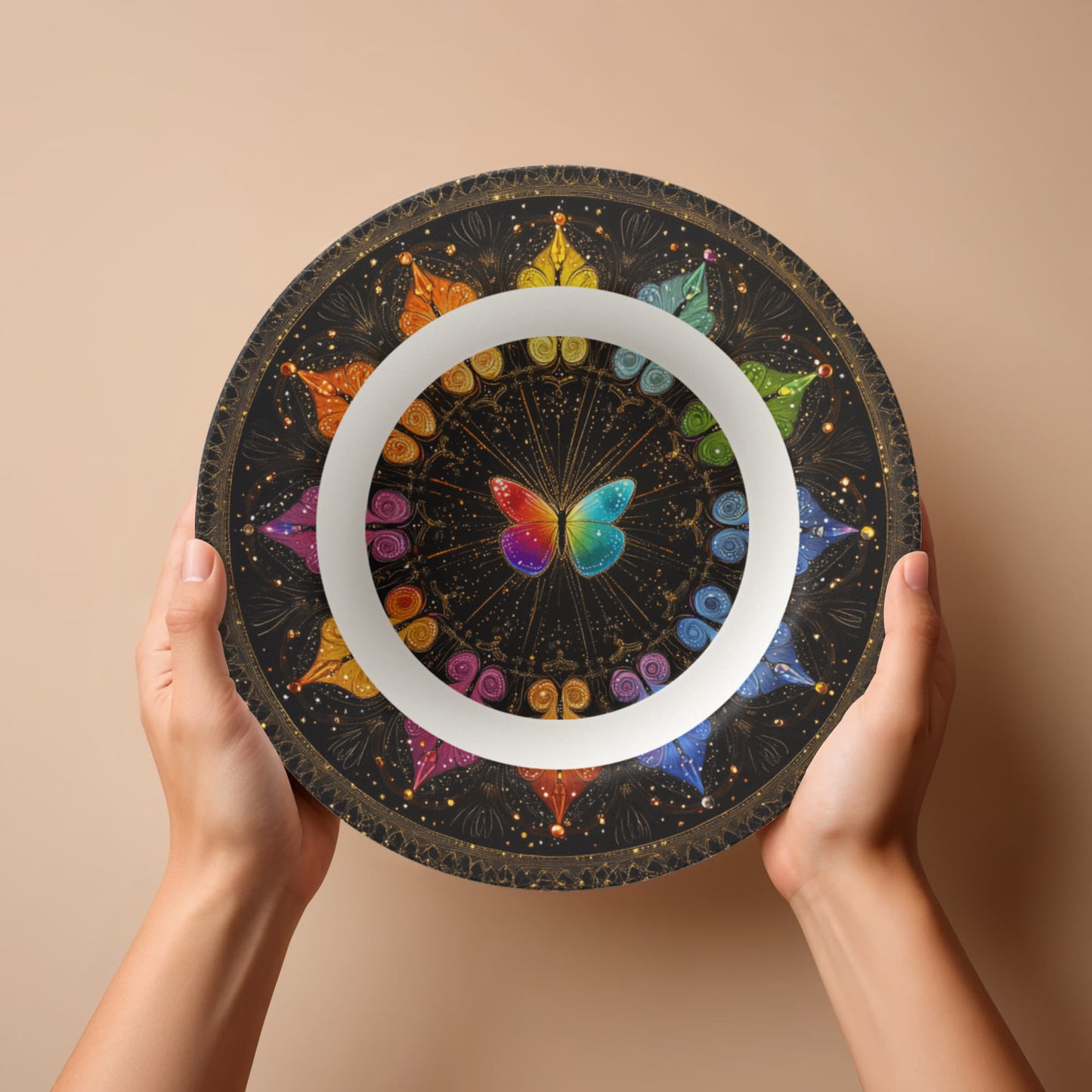Sacred Circles Decorative Bowl β Celestial Rainbow Butterfly Mandala