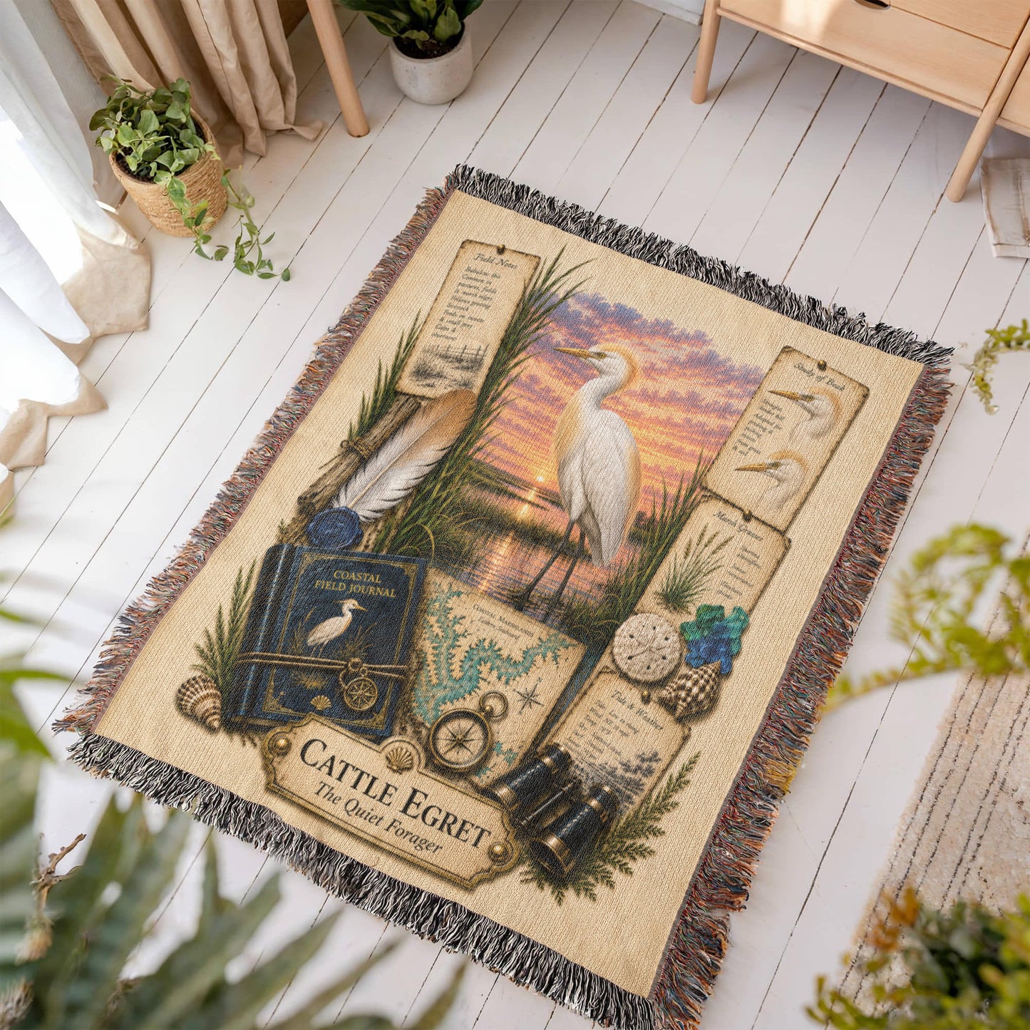 Cattle Egret Coastal Woven Blanket