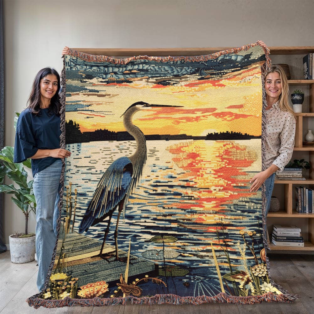 Sunset Heron Watch | Tranquil Lake Scene Woven Blanket for Nature-Inspired Living