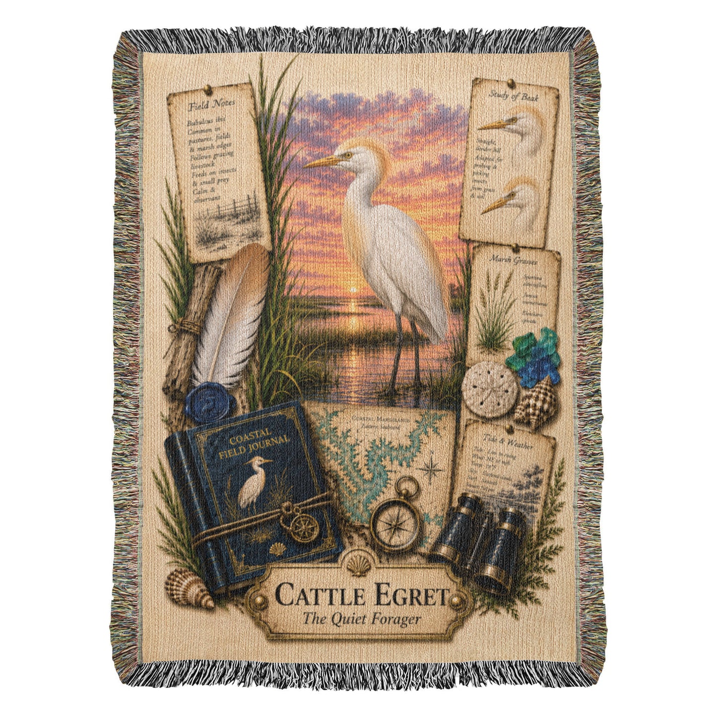 Cattle Egret Woven Throw Blanket | Coastal Bird Decor | Cotton Tapestry Throw | Naturalist Journal Gift